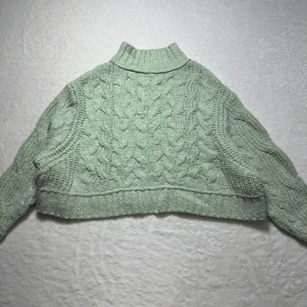 Free People Chunky Cable‎ Knit Fisherman Pullover Sweater Cropped Mint Size XS